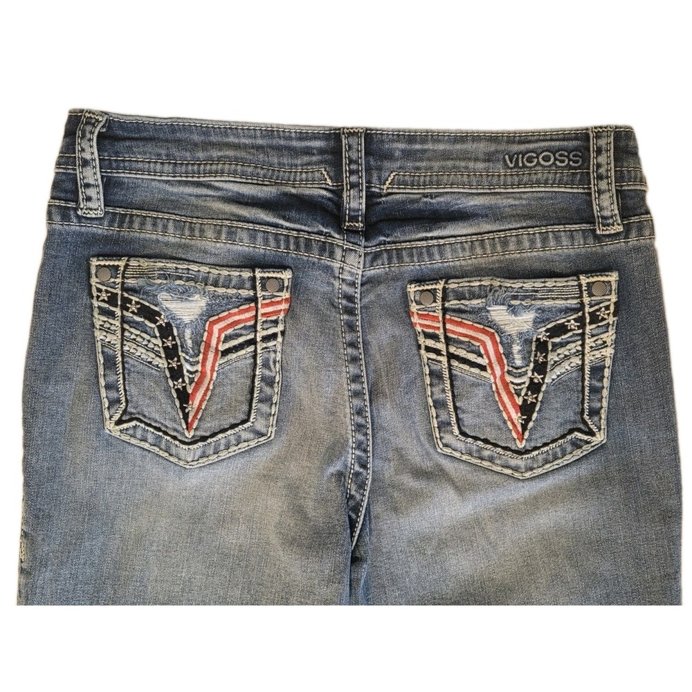 Vigoss Jeans Womens 10 Bootcut USA Flag Thick Stitch Pockets Stretch Dark 32x31